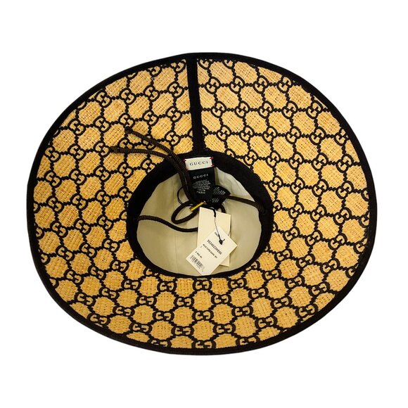 Gucci Mustard / Dark Brown Unisex GG Raffia Wide Brim Hat - Picture 7 of 11